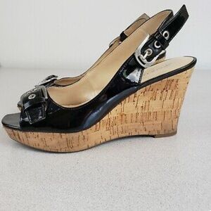 FRANCO SARTO BLACK BUCKLE PEEP TOE WEDGE SIZE 6.5‎